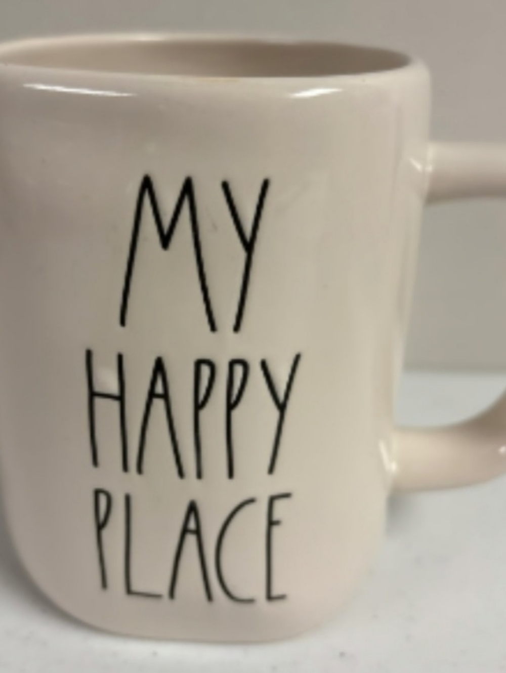 Rae Dunn Cream Ceramic Mug with Black Lettering - "My Happy Place"